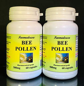 Bee Pollen 500mg, Made in USA - Various Sizes (2 Bottles - 120 [2x60] Capsules)