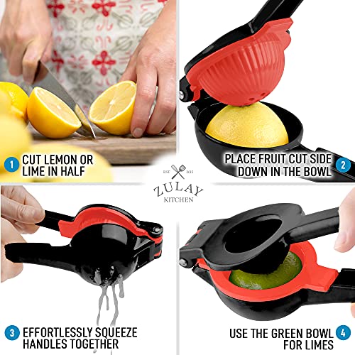 Zulay Metal 2-In-1 Lemon Lime Squeezer - Hand Juicer Lemon Squeezer - Max Extraction Manual Citrus Juicer (Midnight Black and Red)