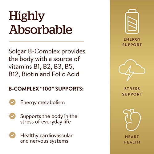 Solgar B-Complex "100", 250 Vegetable Capsules - Heart Health - Nervous System Support - Supports Energy Metabolism - Non-GMO, Vegan, Gluten Free, Dairy Free, Kosher, Halal - 250 Servings