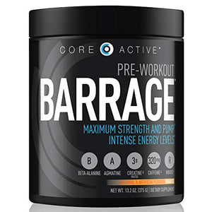 Core Active Barrage Pre Workout - Pre-Workout for Men and Women with Creatine, Beta-Alanine, Agmatine Sulfate, and Caffeine - Pump Up Your Workout with Intense Energy and Focus - Orange (30 Servings)