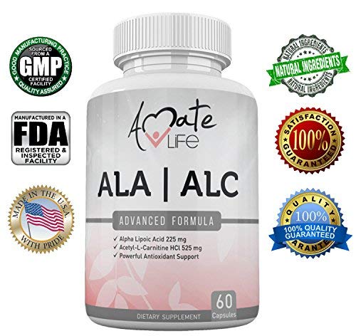 ALA / ALC High Potency Formula- Best Alpha Lipoic Acid and Acetyl-L-Carnitine HCl Dietary Supplement- Antioxidant Support- Energy Boost- for Men and Women by Amate Life 60 Capsules