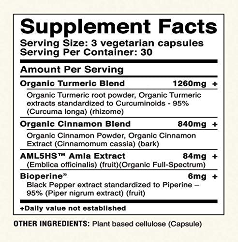 Avira Organic Turmeric Cinnamon, Super Fusion with Amla, Curcumin & Bioperine, Immune Activity, Digestive Aid, Blood Sugar & Joint Support, Max Strength-2190 mg, Yellow, 90 Count