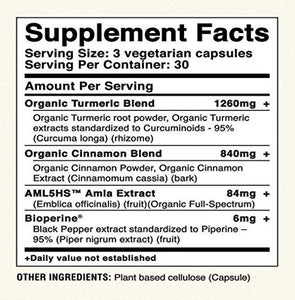 Avira Organic Turmeric Cinnamon, Super Fusion with Amla, Curcumin & Bioperine, Immune Activity, Digestive Aid, Blood Sugar & Joint Support, Max Strength-2190 mg, Yellow, 90 Count