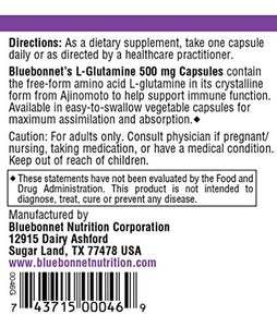 Bluebonnet Nutrition L-Glutamine 500mg, Supports Immune Function*, Nitrogen Transporter*, Soy-Free, Gluten-Free, Non-GMO, Kosher Certified, Vegan, 100 Vegetable Capsules, 100 Servings