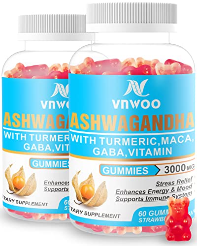 Organic Ashwagandha Gummies with Maca Root Powder, 3000mg Ashwa Root Gummies for Stress Relief, Improve Sleep, Mood Calm, Chewable Ashwagandha Supplement Gummy for Women & Men (2 Pack)