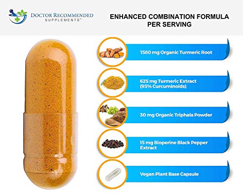 Turmeric Curcumin - 2250mg/d - 90 Veggie Capsules - 95% Curcuminoids with Black Pepper Extract (Bioperine) - 100% Organic - Most Powerful Turmeric Supplement with Triphala