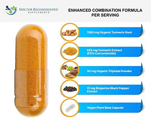 Turmeric Curcumin - 2250mg/d - 90 Veggie Capsules - 95% Curcuminoids with Black Pepper Extract (Bioperine) - 100% Organic - Most Powerful Turmeric Supplement with Triphala