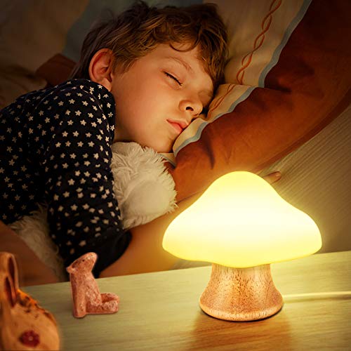 Children's Night Light ANGTUO Wooden Mushroom Lamp Silicone LED Bedside Nursery for Baby Breastfeeding Kids Bedroom - 16 Color Changing - 4 Brightness - 4 Light Mode Control by Remote. New Style