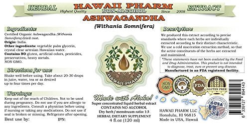 Ashwagandha Alcohol-Free Liquid Extract, Organic Ashwagandha (Withania Somnifera) Dried Root Glycerite 2oz