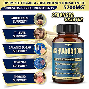 Ashwagandha Extract Capsule - Great Strength 5200mg of Powder. Blended Ginger Root, Turmeric Curcumin, Rhodiola Rosea Root and Black Pepper - 90 Capsules - 3 Month Supply