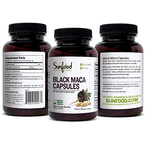 Sunfood Black Maca Capsules- Organic, Non-GMO, Vegan. For Men & Women. 100% Pure: No Additives, Fillers or Preservatives. 90 count. 800 mg Capsules