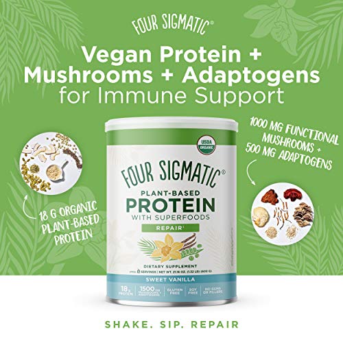 FOUR SIGMATIC Organic Plant-Based Protein with Chaga Mushroom & Ashwagandha -Supports Immune Function & Muscle Repair, Canister/Sweet Vanilla, 1.32 Pound (Pack of 1), 21.16 Oz