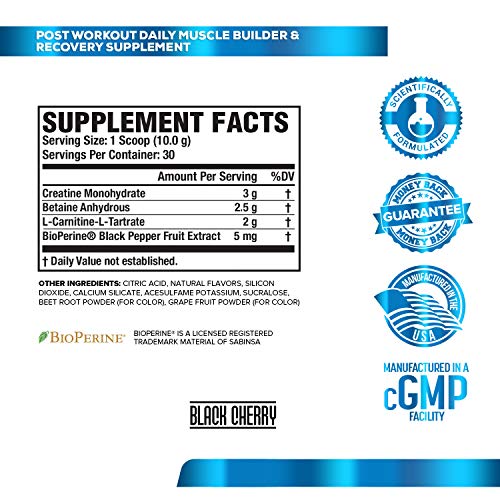Growth Surge Post Workout Muscle Builder with Creatine, Betaine, L-Carnitine L-Tartrate - Daily Muscle Building & Recovery Supplement - 30 Servings, Black Cherry Flavor
