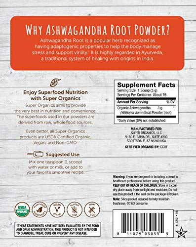 Super Organics Ashwagandha Powder | Organic Superfood Powder | Raw Superfoods | Whole Food Supplement – Vegan, Non-GMO & Gluten-Free, 8 oz