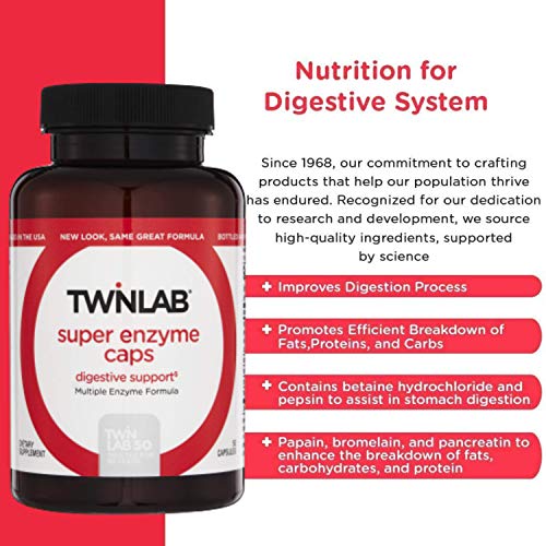Twinlab Super Enzyme Caps - Digestive Enzymes with Pancreatin, Bromelain and Betaine HCL - Pancreatic Enzymes and Bromelain Supplement for Gut Health, Constipation Relief and Gas Relief, 50 Caps