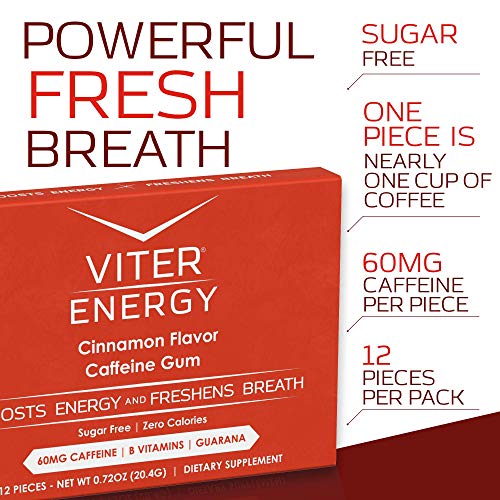 Viter Energy Caffeinated Gum - 60mg Caffeine, B Vitamins, Guarana, Sugar Free Vegan Chewing Gum. Zero Calories. Performance Nootropic Chews for Powerful Energizing Focused Boost (Cinnamon, 6 Pack)