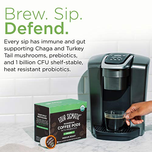 Four Sigmatic Mushroom Coffee K-Cups with Probiotics, Organic and Fair Trade Coffee, Organic and Fair Trade with Turkey Tail, Chaga, prebiotics, CFU shelf-stable, heat resistant probiotics, 24 Count