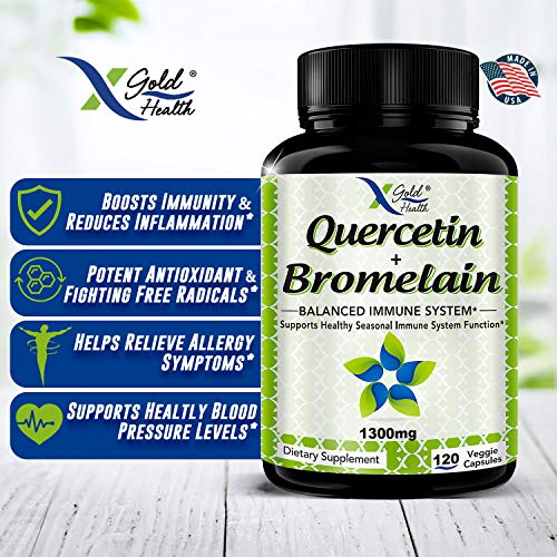 Quercetin 1000mg + Bromelain 300mg per Serving- Quercetin with Bromelain Supplement Complex for Cardiovascular Health, Respiratory System Support, Immune Function & Allergy Support-120 Veggie Capsules