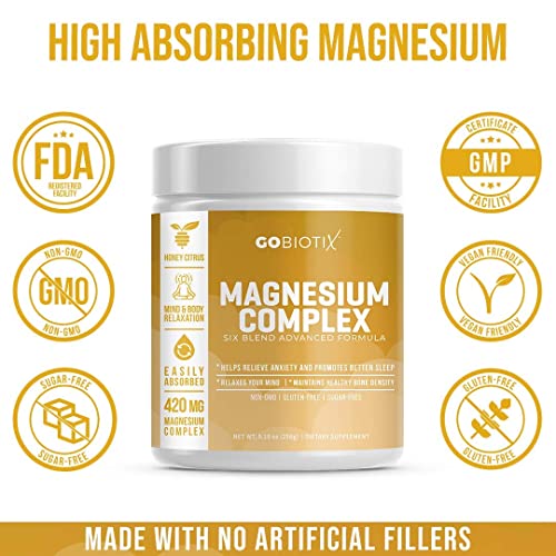Magnesium Complex Powder by GoBiotix | High Absorption Magnesium Supplement Drink for Sleep Support, Stress Relief, Muscle Relaxation & Recovery | Vegan + Sugar-Free + Non-GMO. Honey Citrus, 60 Serv.