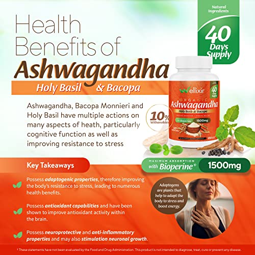 Wellixir Organic Ashwagandha Capsules - Root Powder Supplement, 10% Withanolides with Bacopa Extract & Holy Basil - Vegan & Gluten-Free Herbal Supplements for Stress, Mood Support - 1500mg, 120 Count
