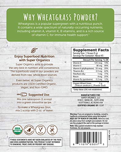 Super Organics Wheatgrass Powder | Rich in Vitamins B1 & B2 | Organic Superfood Powder | Raw Superfoods | Whole Food Supplement – Vegan & Non-GMO, 8 oz