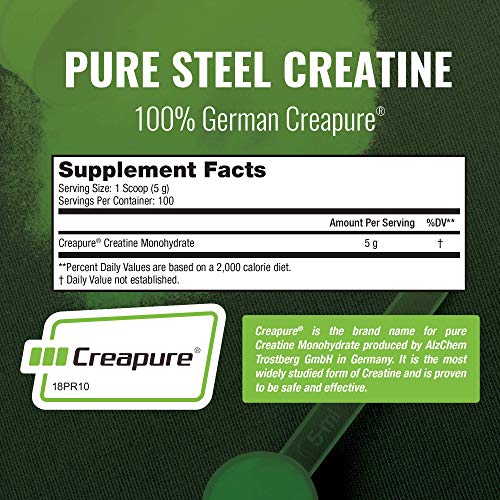 SteelFit Pure Steel Creapure® - Pure German Creatine Monohydrate - Elevate Performance - Enhance Strength - Unflavored - Gluten Free - Vegan - 100 Servings, 500 Grams