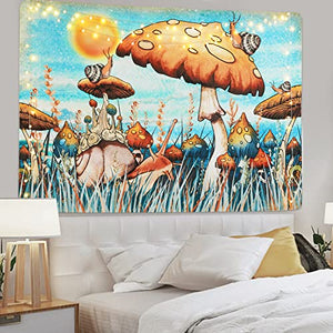 Trippy Mushroom Tapestry Hippie Sun Tapestry Snail Tapestry Plants and Leaves Tapestries Fantasy Fairy Tale Tapestry Wall Hanging for Room(51.2 x 59.1 inches)