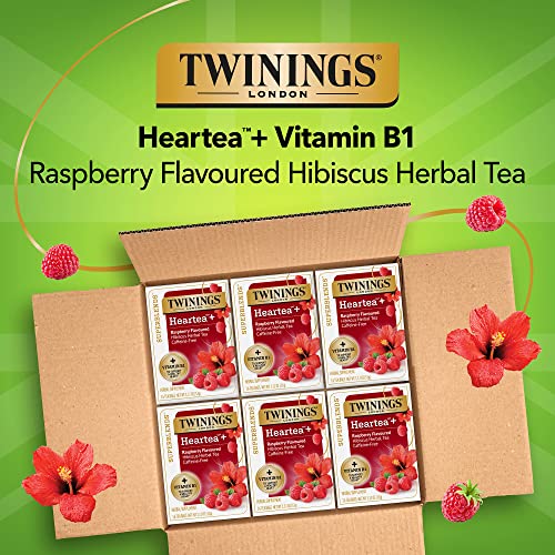 Twinings Superblends Heartea + Vitamin B1, Raspberry Flavoured Hibiscus Herbal Tea, Caffeine-Free, 16 Tea Bags (Pack of 6)