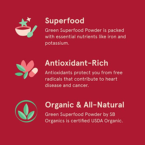 SB Organics Triple Berry Green Superfood Powder - 294g Canister of Organic Non-GMO Super Greens Drink Blend - Wheat Grass Juice Powder, Spirulina Powder, Moringa Powder, Matcha Tea Powder, and More