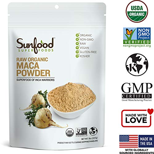 Sunfood Maca Root Powder, Organic, Raw. for Men & Women. Highest Quality Maca from Peru. 100% Pure: No Additives, Fillers or Preservatives. 8 oz Bag