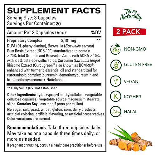 Terry Naturally Curamin (2 Pack) - 60 Vegan Capsules - Non-Addictive Pain Relief Supplement with Curcumin from Turmeric, Boswellia & DLPA - Non-GMO, Gluten-Free - 40 Servings