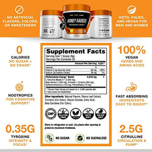 Honey Badger Pre Workout Powder | Vegan Keto Peach Mango Preworkout | Natural Energy for Men & Women | Beta Alanine, Caffeine & Vitamin C for Immune Support | Sugar Free & Paleo | 30 Servings