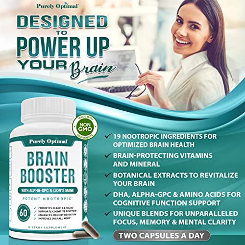 Premium Brain Supplement - Nootropic Brain Booster for Focus, Clarity, Improved Memory, Concentration & Better Mood - Brain Pills w/ Alpha-GPC, Lion’s Mane, Ginkgo Biloba & Bacopa Monnieri - 60 caps