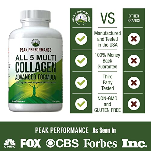 All 5 Multi-Collagen Capsules by Peak Performance. 90 Pills of Grass Fed Collagen Peptides Protein. with All 5 Collagen Types I, II, III,V, X. Grass Fed Beef, Fish, Chicken, Bone Broth Supplement