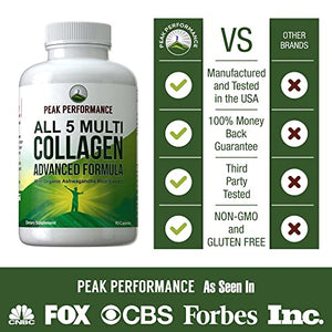 All 5 Multi-Collagen Capsules by Peak Performance. 90 Pills of Grass Fed Collagen Peptides Protein. with All 5 Collagen Types I, II, III,V, X. Grass Fed Beef, Fish, Chicken, Bone Broth Supplement