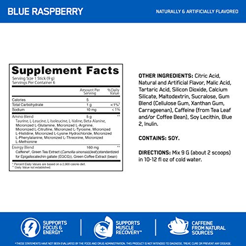 Optimum Nutrition Amino Energy - Pre Workout with Green Tea, BCAA, Amino Acids, Keto Friendly, Green Coffee Extract, Energy Powder - Blue Raspberry, 6 Count