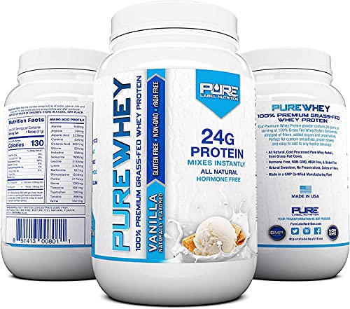 Pure Label Nutrition 100% USA Grass-Fed Whey Protein Concentrate, 2lb Vanilla, Non-GMO, rBGH Free, Soy Free, Gluten Free, Low Carbs and Low Fat, No Sugar Added, Keto Friendly