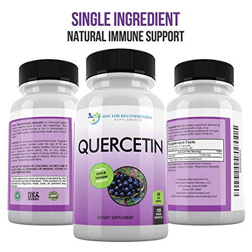 Quercetin 1000mg Per Serving - 120 Veggie Capsules, Vitamin Supplement to Support Cardiovascular Health, Immune Response and Anti-inflammatory, 60 Day Supply, (Vegan and Non-GMO)