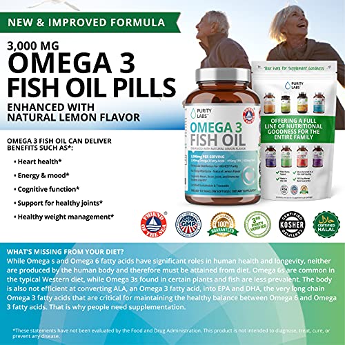 Triple Strength Omega 3 Fish Oil Supplement 3,000MG. Highest Quality and Potency Available - 180 Softgels - Rich in EPA 915mg + DHA 630mg - Burpless Non-GMO NSF-Certified, Heart & Brain Support