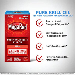 Antarctic Krill Oil 350mg Omega 3 Fatty Acid Supplement, MegaRed EPA & DHA Krill Oil Softgels (130cnt box), Phopholipids, Antioxidant Astaxanthin, Heart Health Supplement With No Fish Oil Aftertaste