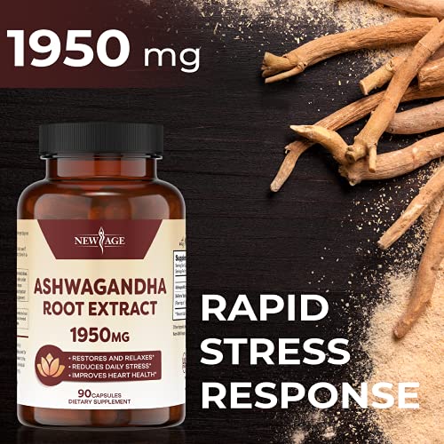 Ashwagandha 1950mg (2 Pack) - Ashwagandha Root Powder with BioPerine. Mood Support Supplement - 180 Veggie Capsules - New Age