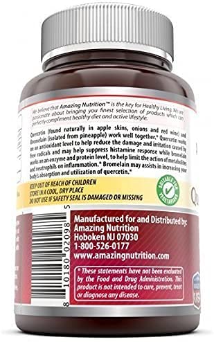 Amazing Nutrition Quercetin 800 Mg with Bromelain 165 Mg Veggie Capsules - Anti-oxidant and Anti-inflammatory Properties - Supports Heart, Joints and Respiratory Health (120 Count (Pack of 2))