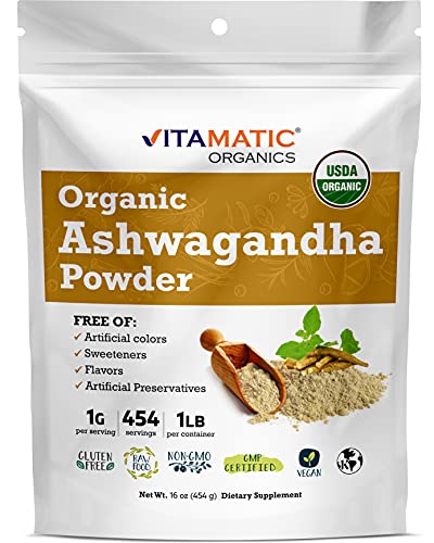 Vitamatic Certified USDA Organic Ashwagandha Powder 1 Pound (16 Ounce) - (WITHANIA SOMNIFERA)