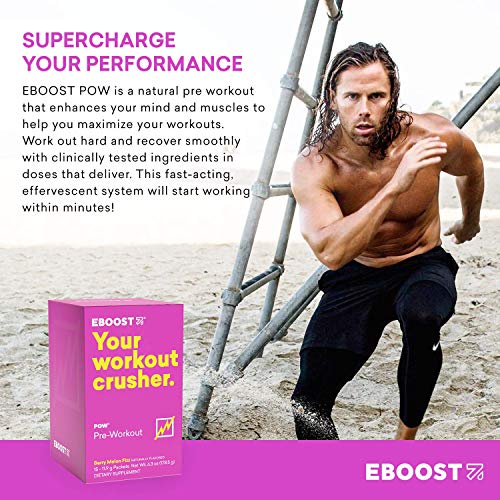 EBOOST POW Natural Pre-Workout – 15 Packets - Berry Melon Fizz - Pre Workout Supplement for Performance, , Energy, Focus - Men Women - Non-GMO, Gluten-Free, No Creatine