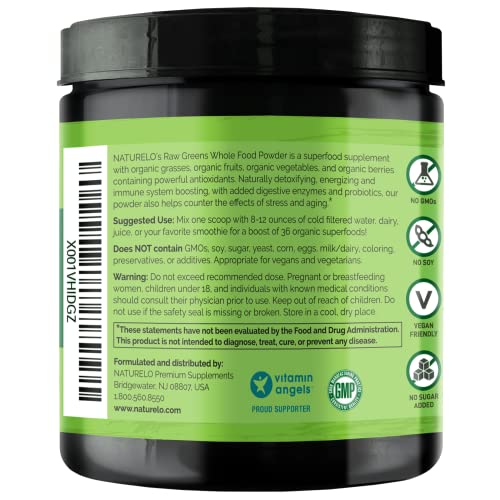 NATURELO Raw Greens Superfood Powder - Unsweetened - Boost Energy, Detox, Enhance Health - Organic Spirulina - Wheat Grass - Whole Food Nutrition from Fruits & Vegetables - 60 Servings