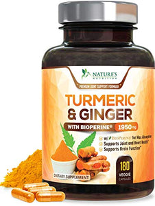Turmeric Curcumin with BioPerine & Ginger 95% Curcuminoids 1950mg - Black Pepper for Absorption, Made in USA, Natural Immune Support, Turmeric Ginger Supplement by Natures Nutrition - 180 Capsules