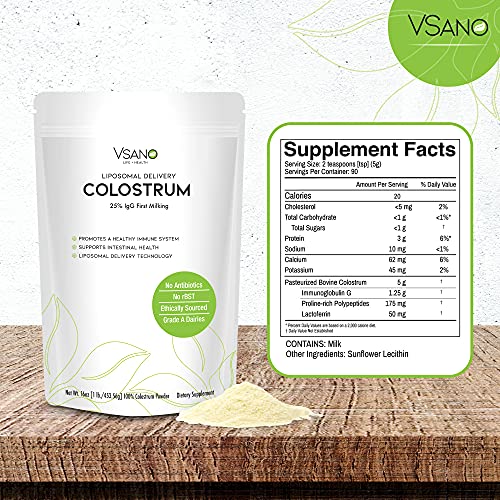 VSano Colostrum Powder with Liposomal Delivery (LD) - Immune System Support for Humans & Pets - Efficient Absorption of Healthy Lactoferrin for Wellness (Natural, 16 oz)