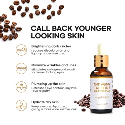 Anti Aging Caffeine Eye Serum Complex for Eye and Face - with Green Tea Catechin, Vitamin C, Niacinamide, Hyaluronic Acid, Collagen, For Puffiness, Pigmentation, Wrinkles, Fine Lines 1oz.