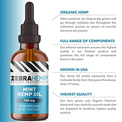 ZEBRA HEMP Mint Oil – USA Made - Organic Grown Hemp Oil Drops in Tincture for Anxiety, Pain & Stress Relief, Healthy Sleep and Mood Support – 750 mg