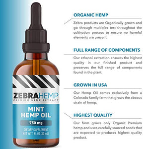 ZEBRA HEMP Mint Oil – USA Made - Organic Grown Hemp Oil Drops in Tincture for Anxiety, Pain & Stress Relief, Healthy Sleep and Mood Support – 750 mg